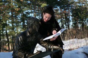 Andrea with Robert Frost sculpture at Dartmouth College