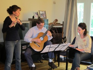 Sagitta rehearsal Mimi Stillman, Gideon Whitehead, Andrea Clearfield